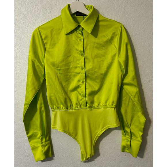 Pretty Little Thing Lime Satin Shirt Bodysuit Size 6 - Picture 1 of 7